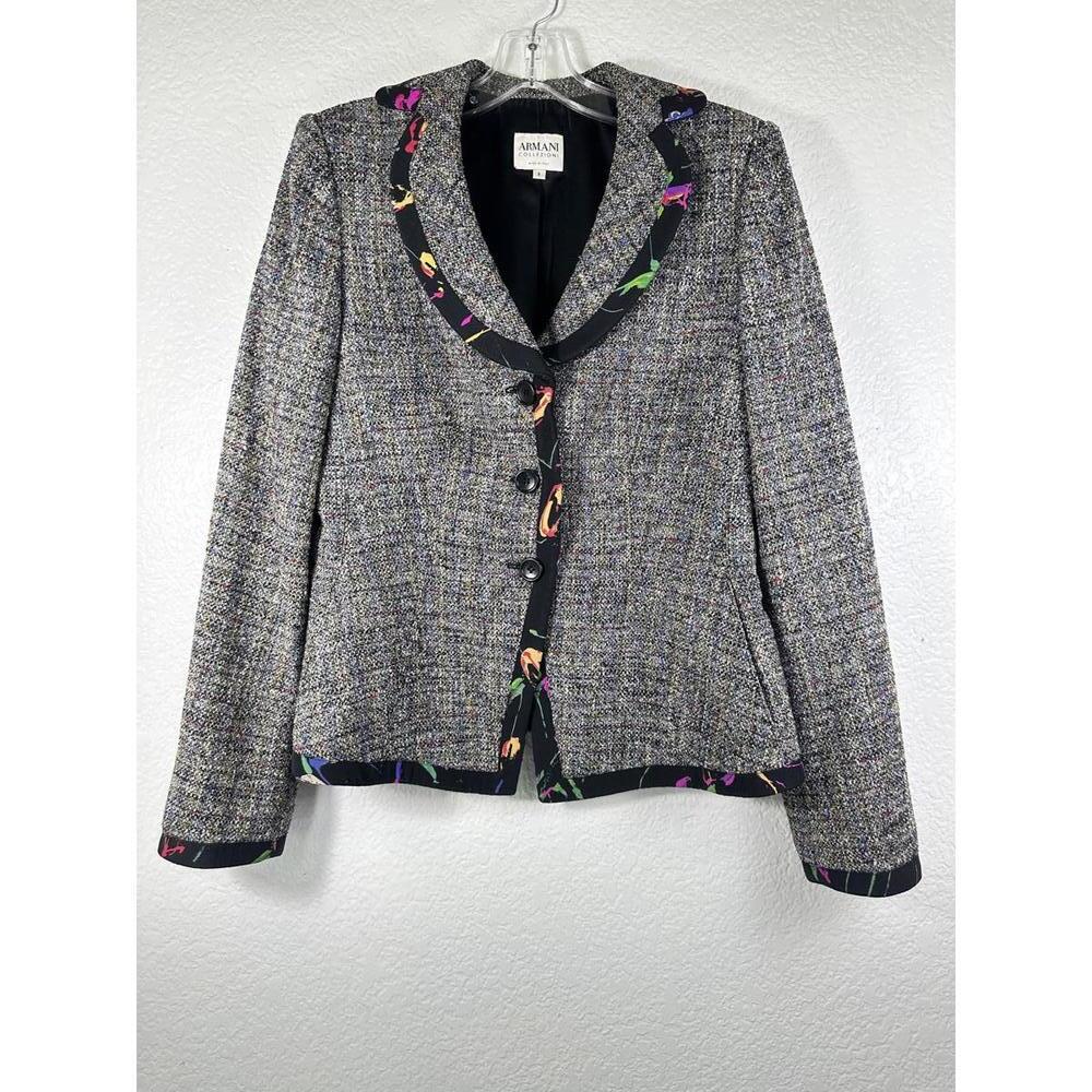 Women’s 8 Armani Collezioni Tweed Wool Blazer Italy Floral Trim Jacket